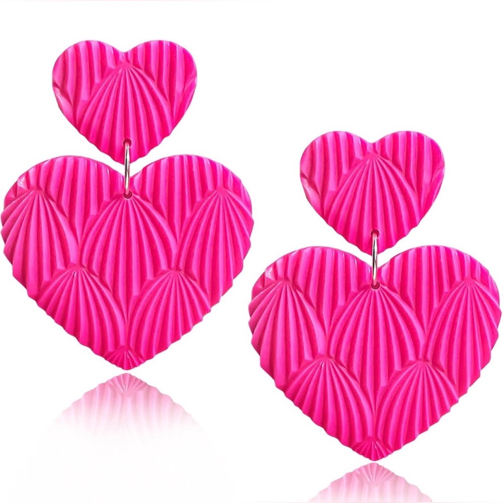 Hot Pink Triple Heart Dangle Earrings Polymer Clay Lightweight Valentine NWT - Picture 8 of 14